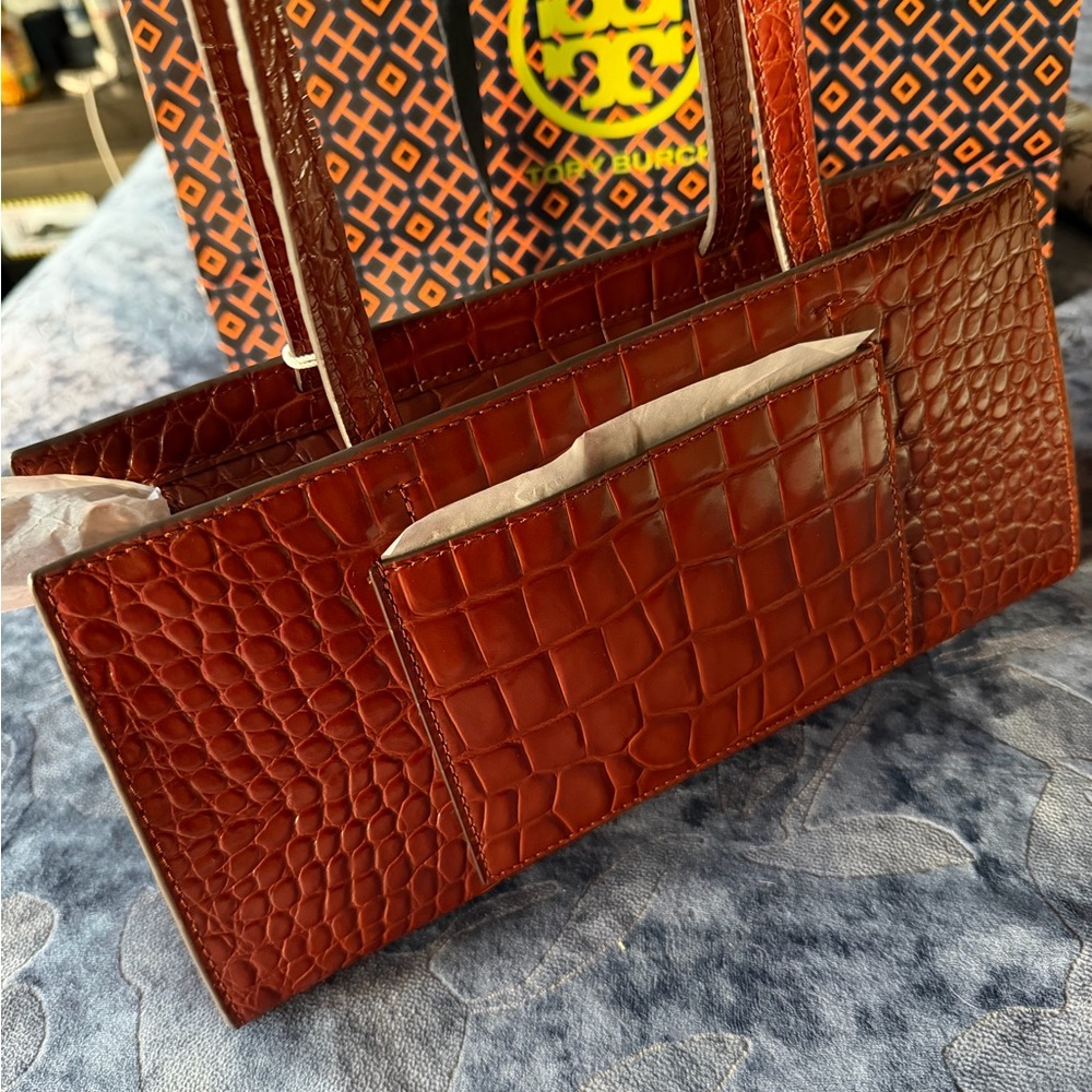 Tory Burch Cognac Croc Embossed Handbag - Picture 10 of 14